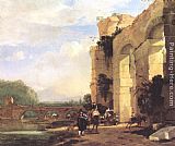 Roman Canvas Paintings - Italian Landscape with the Ruins of a Roman Bridge and Aqueduct